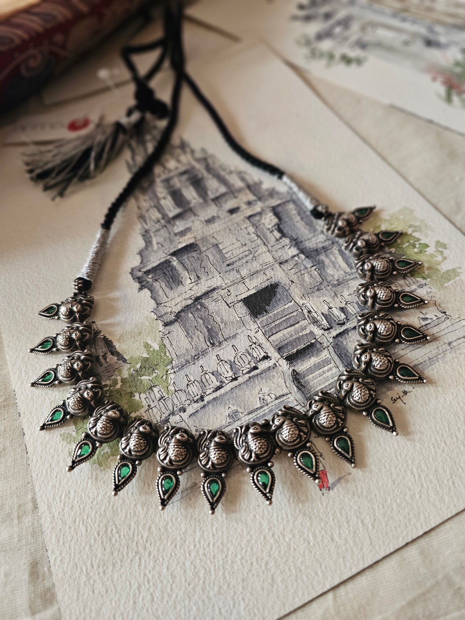 92.5 Silver Nakash Anam Motif Kolhapuri-Style Short Necklace with Green Kempu Detailing — Limited Edition