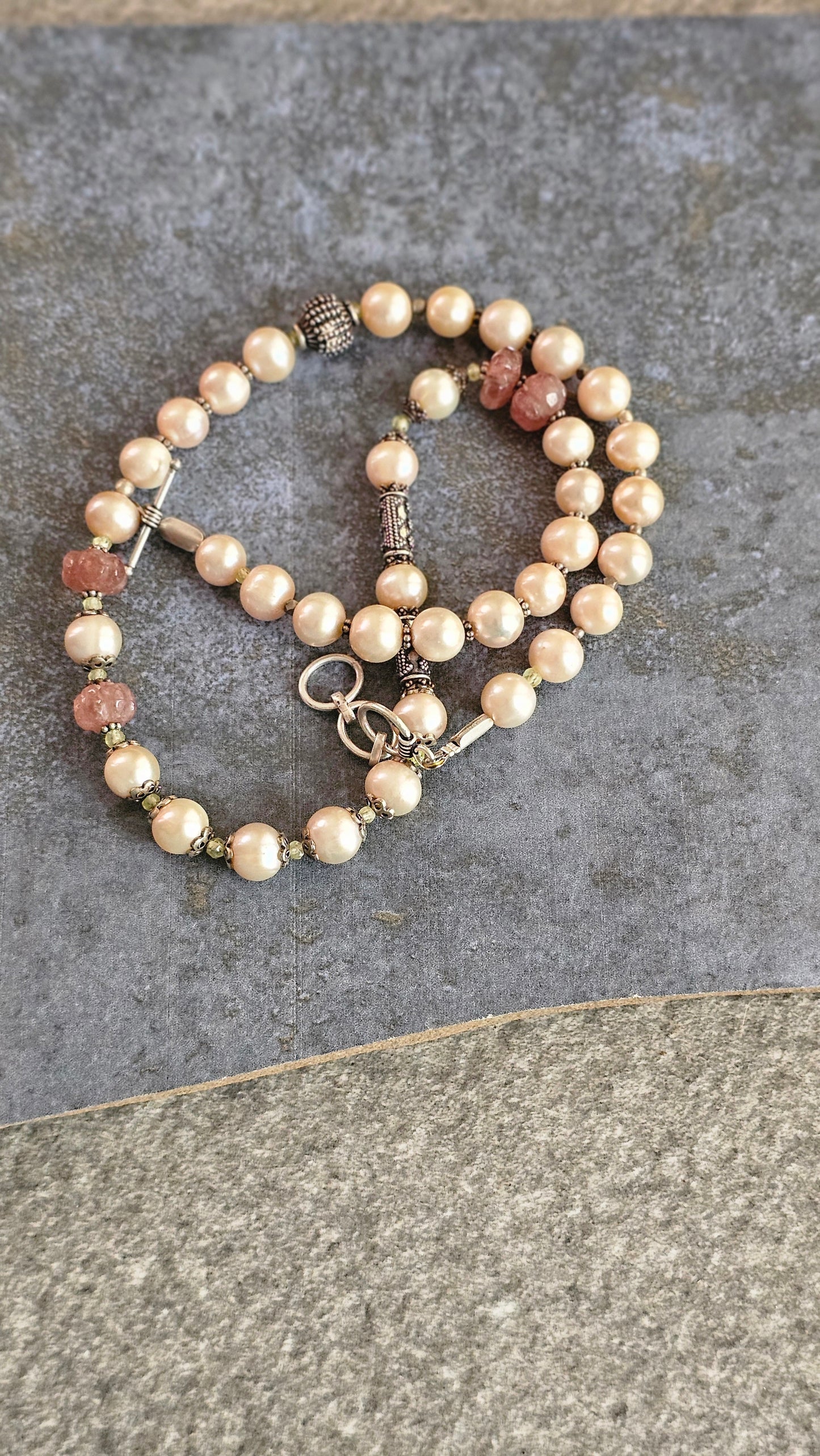 Champagne Pearl & Strawberry Quartz Statement Necklace
