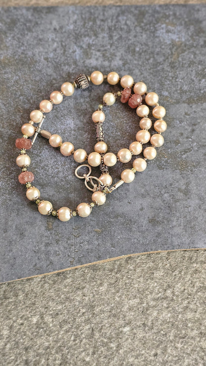 Champagne Pearl & Strawberry Quartz Statement Necklace
