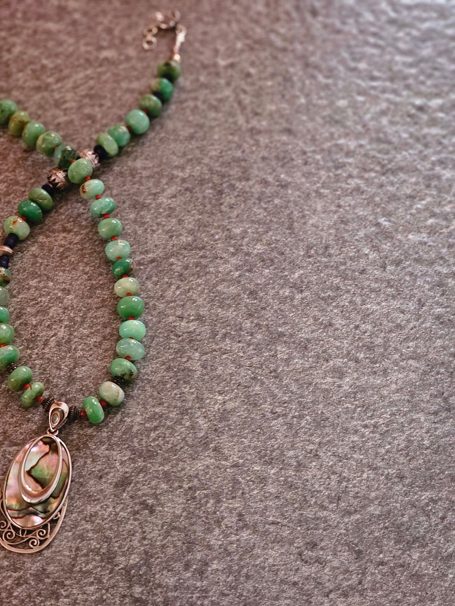 Chrysoprace gemstone necklace abalone shell pendant