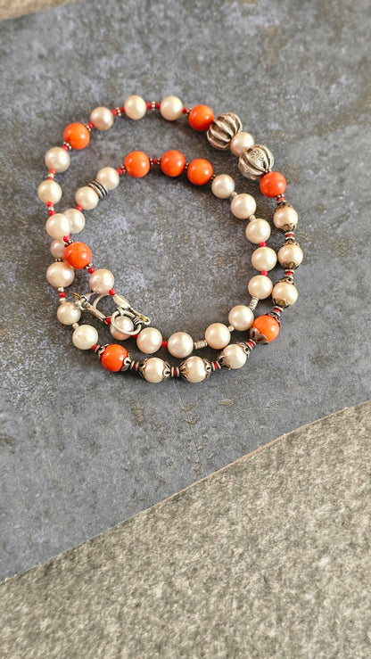 Champagne Pearl & Coral Statement Necklace