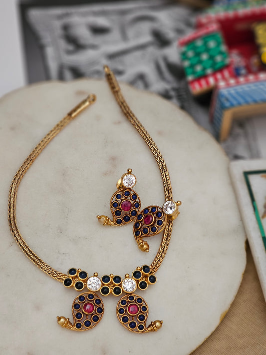 Manga Malai Antique Gold Polish Silver Adigai Necklace Set – 92.5 Handcrafted Heritage Jewelry