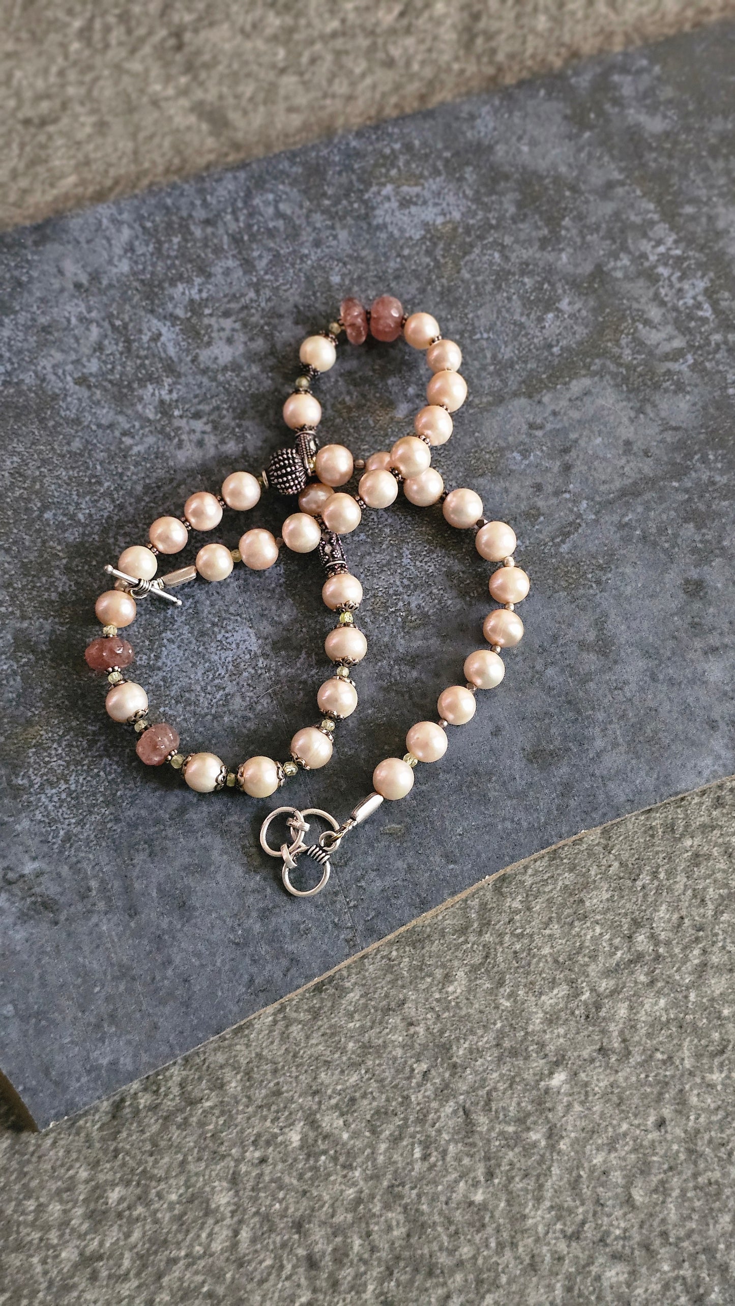 Champagne Pearl & Strawberry Quartz Statement Necklace