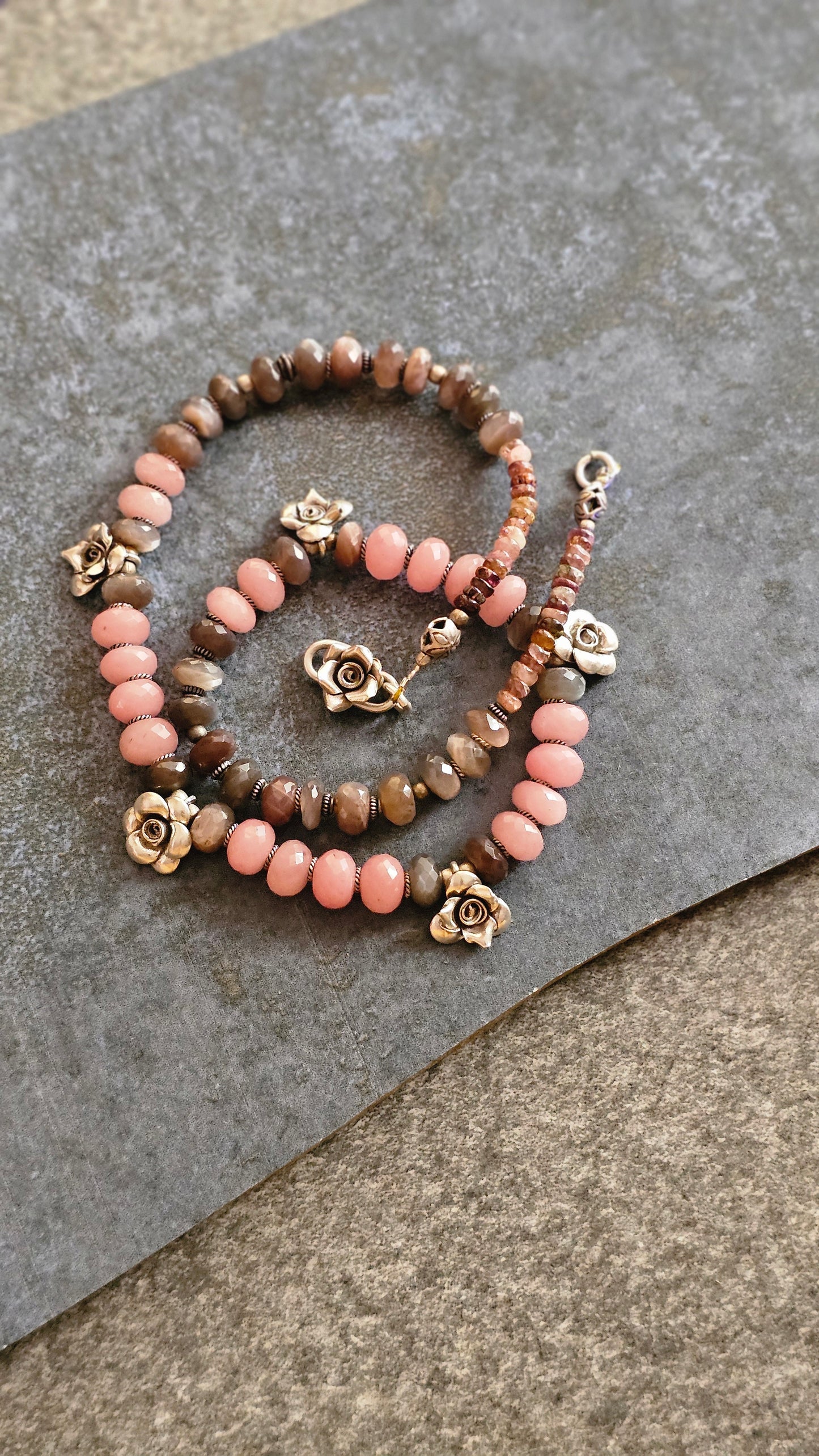 Pink Rhodocrhrosite and Chocolate Moonstone hill tribe silver rosette necklace