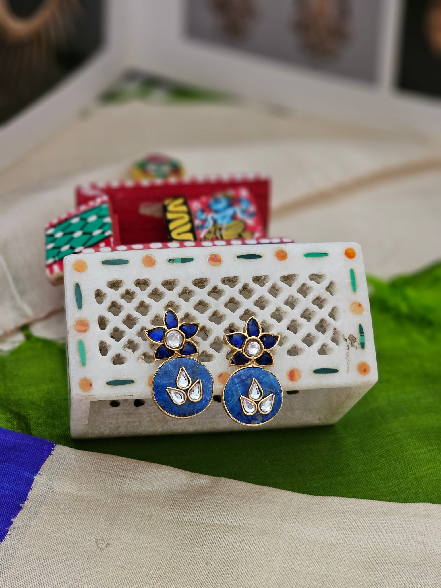 Silver 92.5 gold polish kundan inlay work earrings
