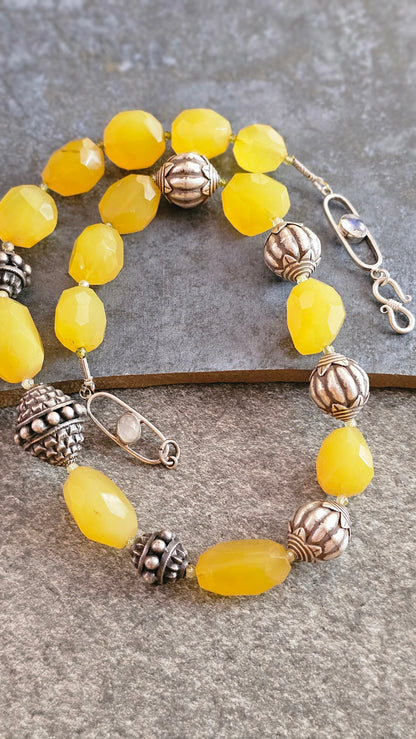Yellow chalcedony and hill tribe silver necklace