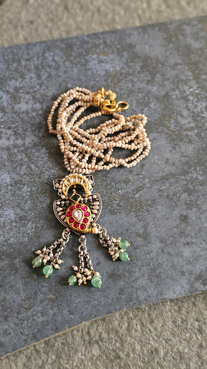 Antique Gold polish fresh water pearls kundan mango two tone pendant necklace