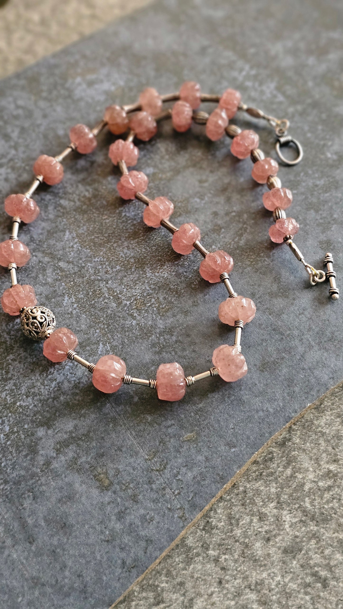 Strawberry quartz in peach color necklace with silver tubes