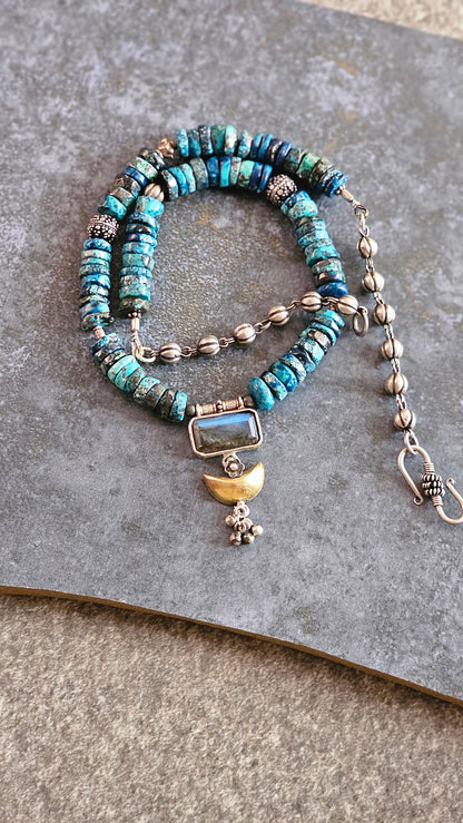 Azurite gemstone necklace with labrodrite pendant