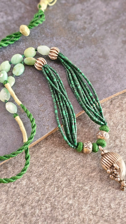 Vintage Mango Ghungroo Necklace in African Malachite & Chrysoprase Silver Beads