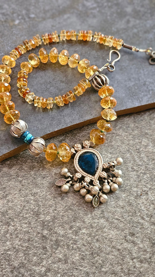 Citrine necklace vintage glass pendant