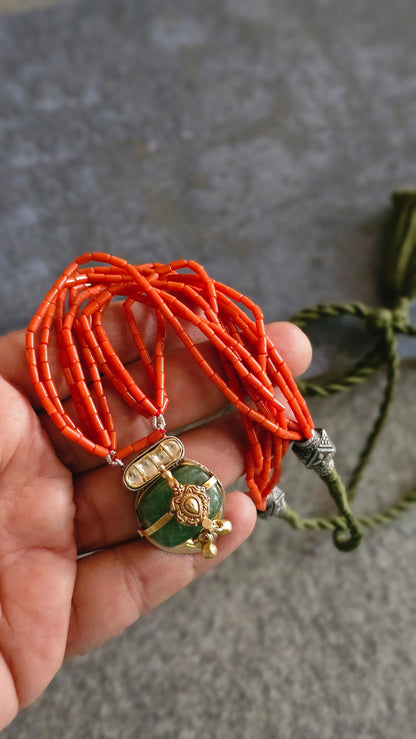 Italian Coral strings necklace with emerald tumble