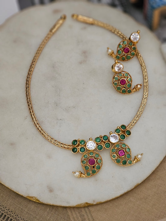 Manga Malai Antique Gold Polish Silver Adigai Necklace Set – 92.5 Handcrafted Heritage Jewelry