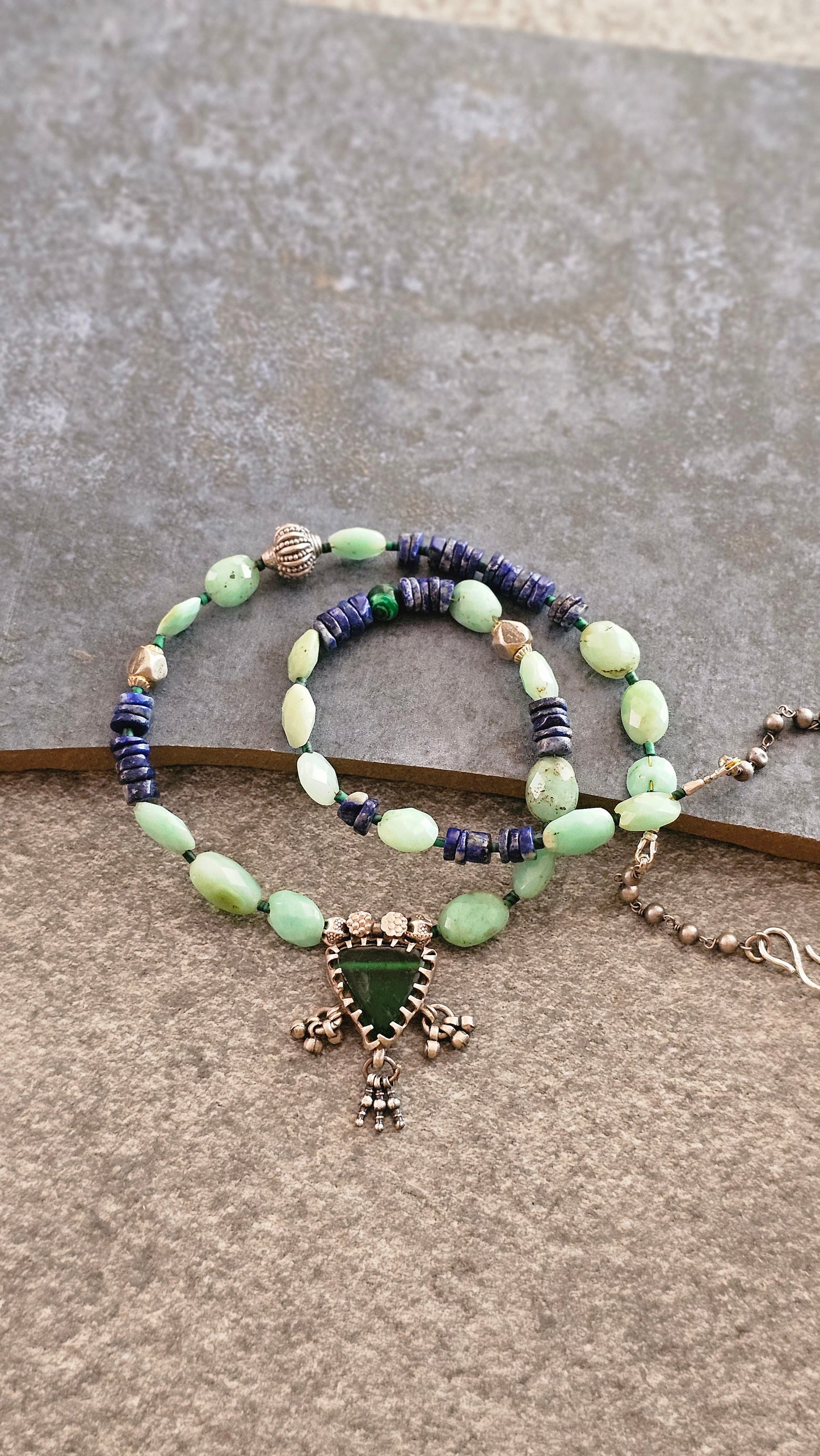Lapis and Chrysoprace necklace with vintage glass pendant