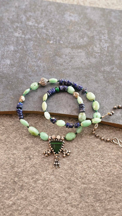 Lapis and Chrysoprace necklace with vintage glass pendant