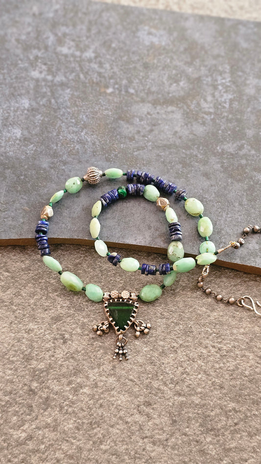 Lapis and Chrysoprace necklace with vintage glass pendant