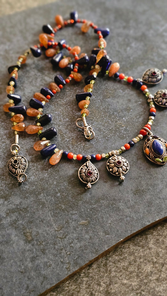 Labrodrite, Sunstone Kolhapur Saaz motifs necklace