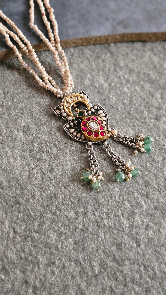 Antique Gold polish fresh water pearls kundan mango two tone pendant necklace
