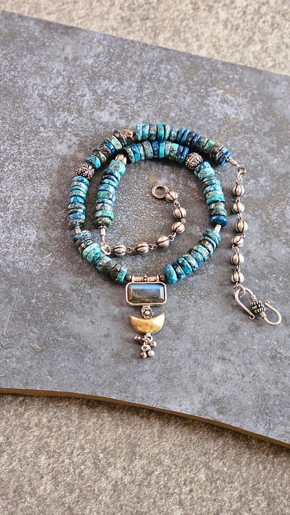 Azurite gemstone necklace with labrodrite pendant