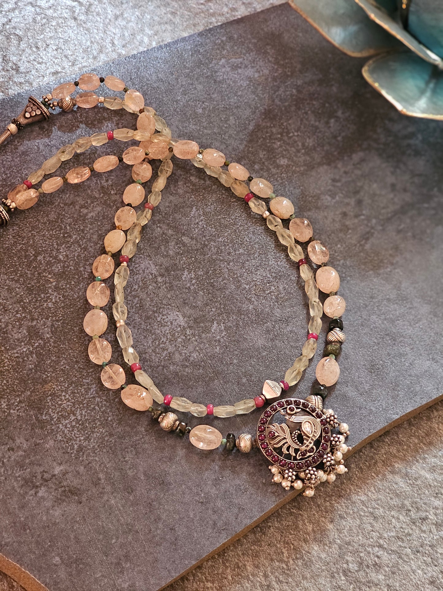 Morganite phrenite gemstone necklace