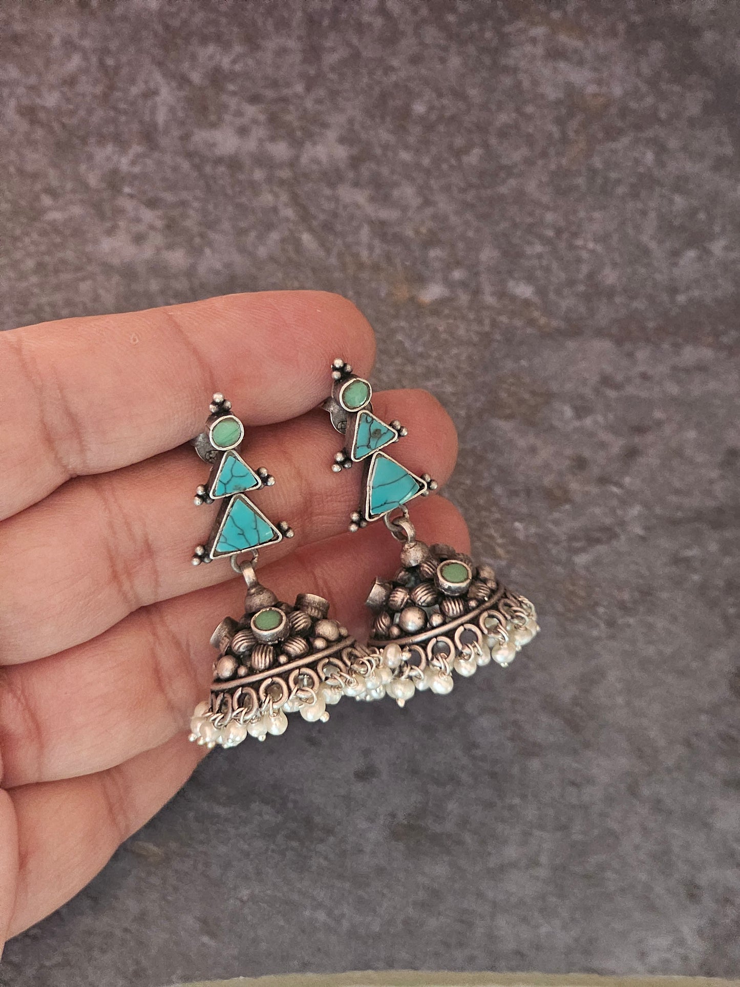 Turquoise silver jhumkas