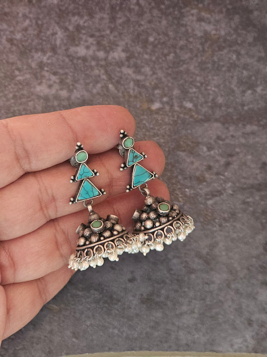 Turquoise silver jhumkas