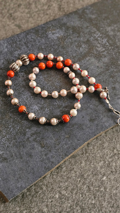 Champagne Pearl & Coral Statement Necklace
