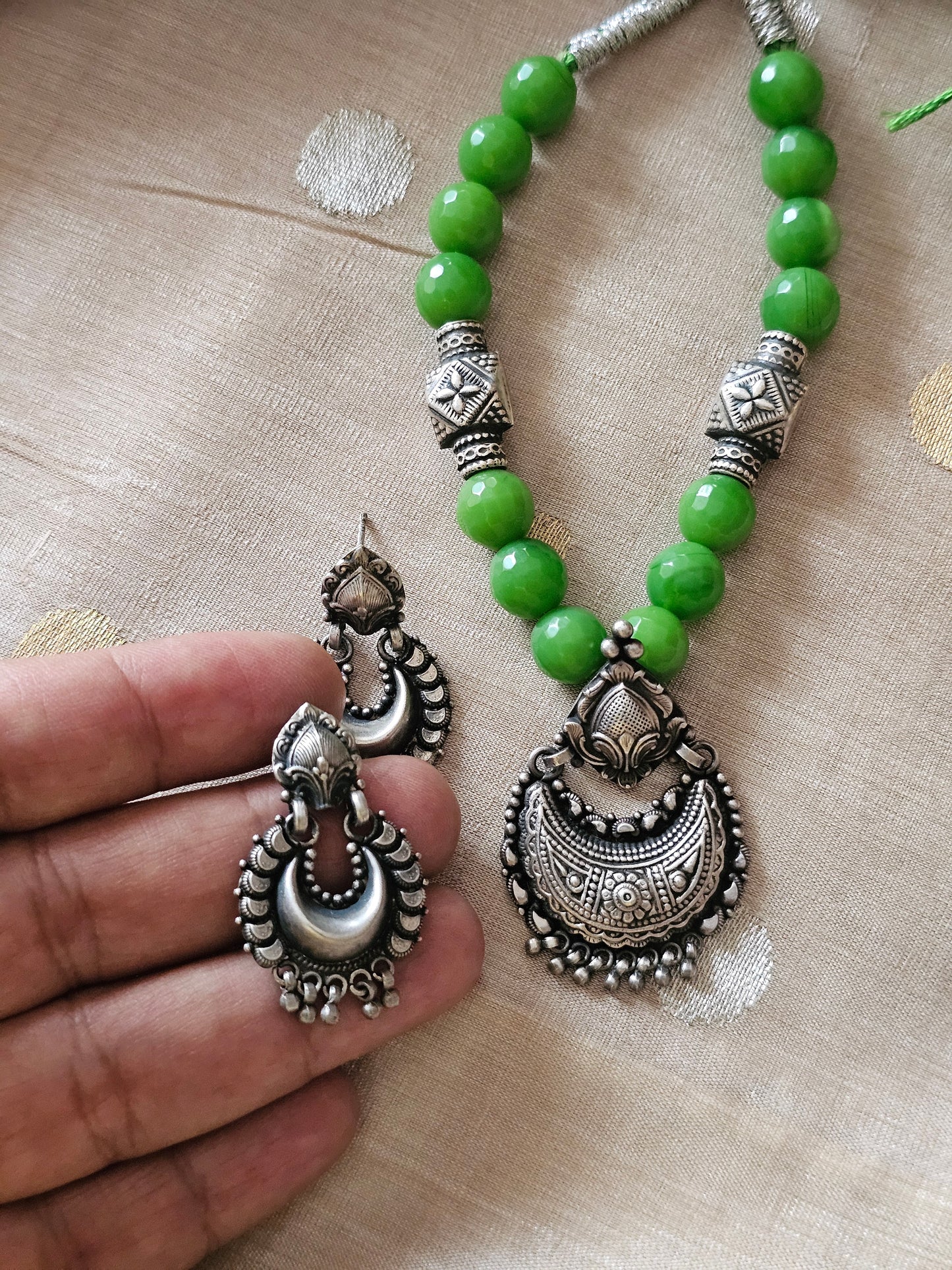 Navya Silver Chaandbali Pendant Necklace Set | 92.5 Silver Short Necklace with Faceted Green round agates & Earrings