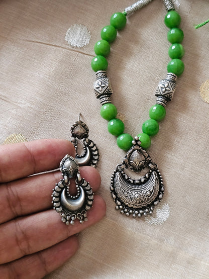 Navya Silver Chaandbali Pendant Necklace Set | 92.5 Silver Short Necklace with Faceted Green round agates & Earrings