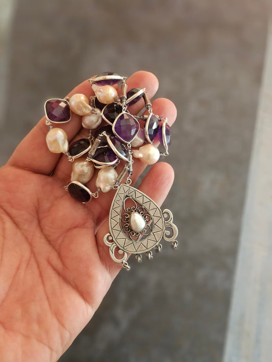 Amethyst, Baroque pearls necklace Hill tribe pendant