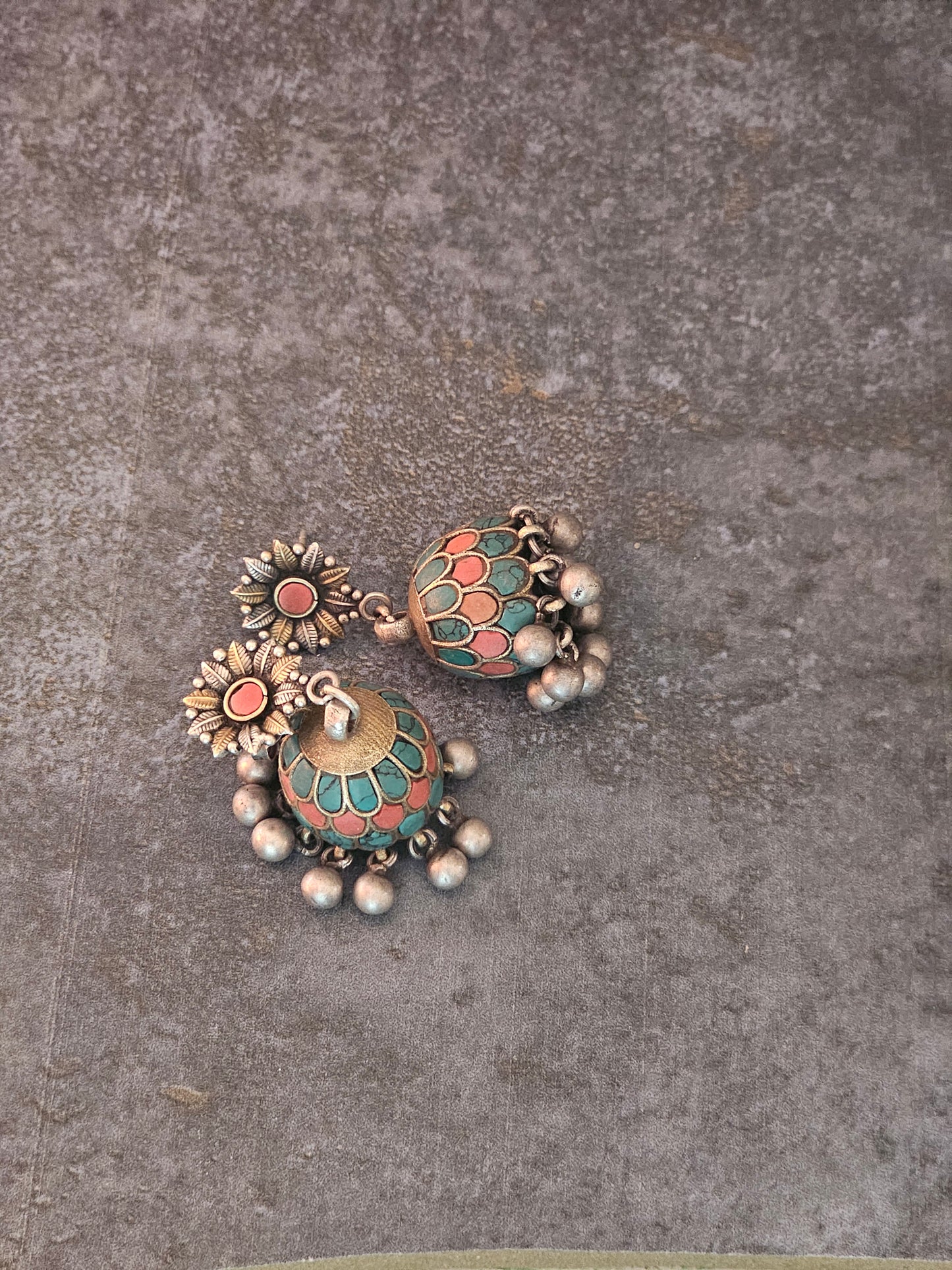 Turquoise and Coral fusion silver jhumkas