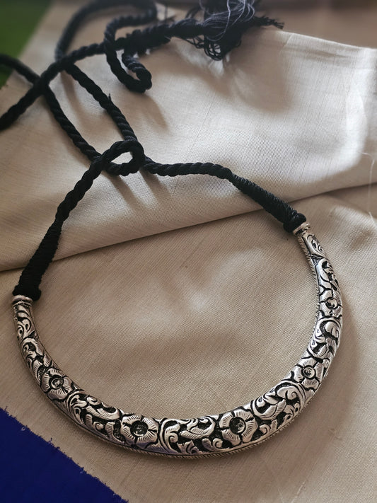 Chitai Work Hasli Necklace in 92.5 Silver with Black Threadwork Tassel