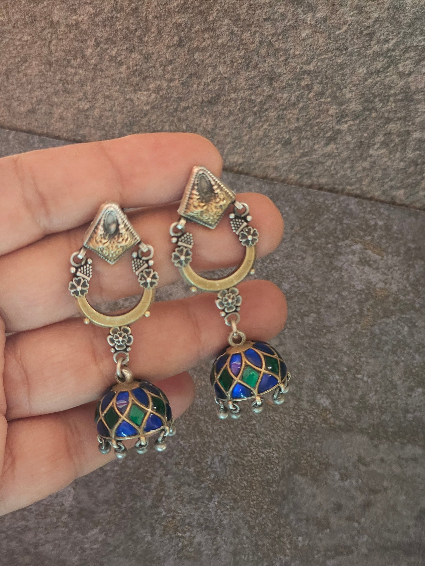 Kundan two tone silver fusion jhumkas