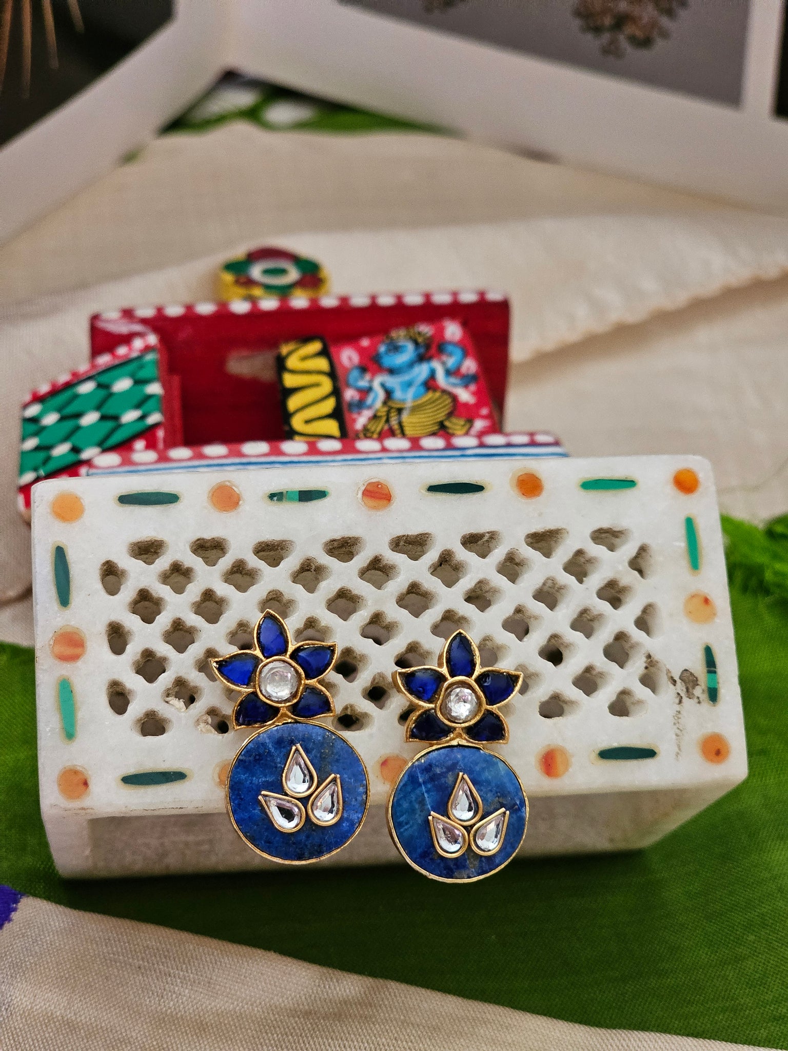 Silver 92.5 gold polish kundan inlay work earrings