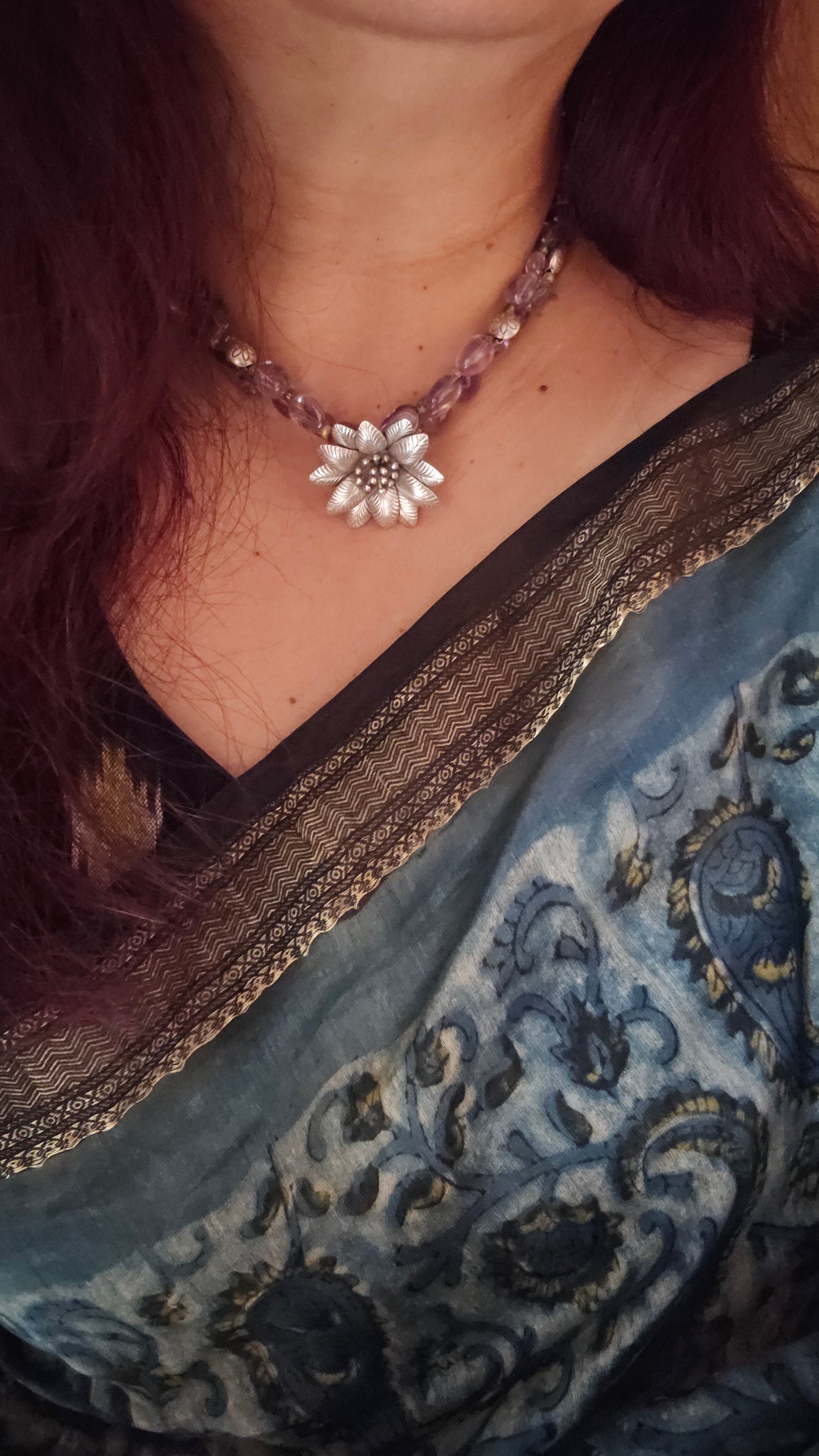 Amethyst choker hill tribe silver flower pendant