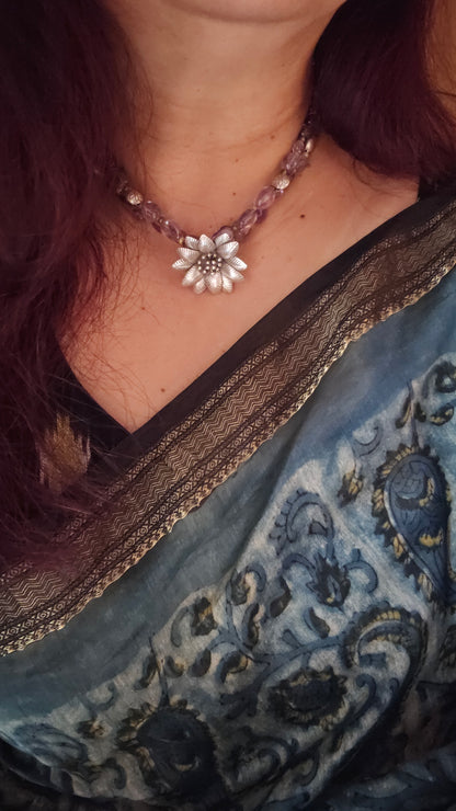 Amethyst choker hill tribe silver flower pendant