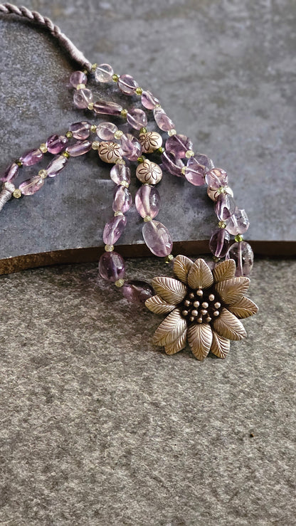 Amethyst choker hill tribe silver flower pendant