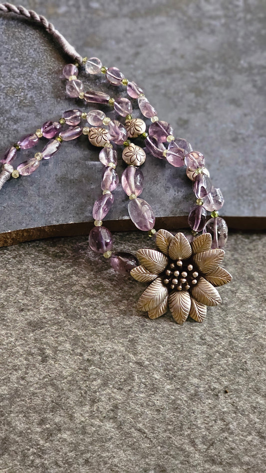 Amethyst choker hill tribe silver flower pendant
