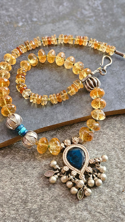 Citrine necklace vintage glass pendant