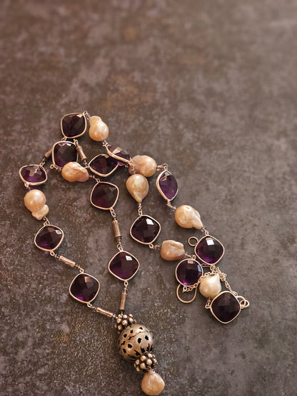 Silver Amethyst, Baroque pearls necklace