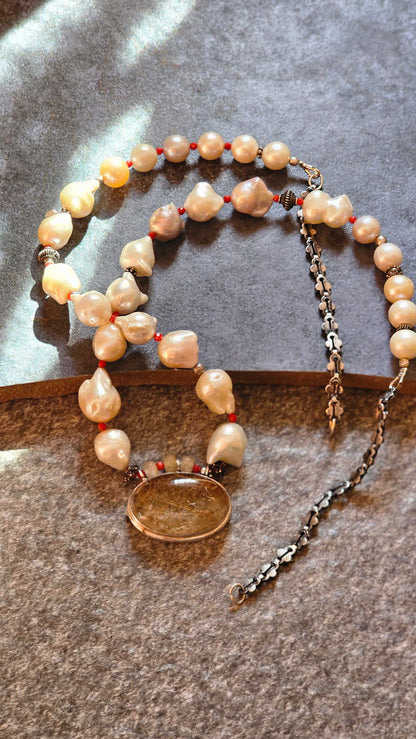Fresh water Baroque pearls Rutilated quartz pendant necklace