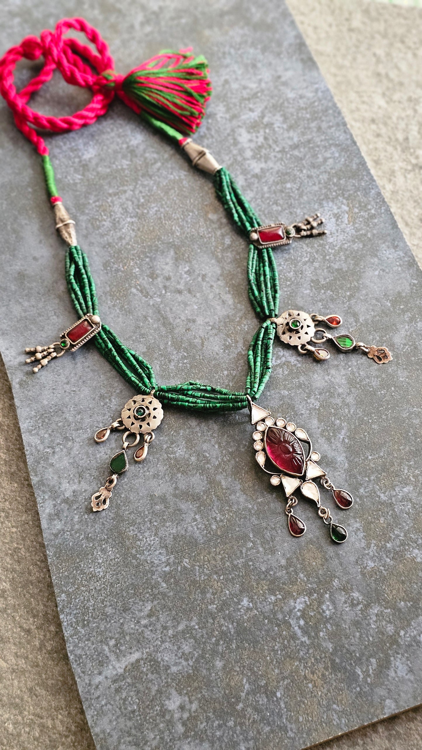 Malachite carved garnet and vintage silver necklace