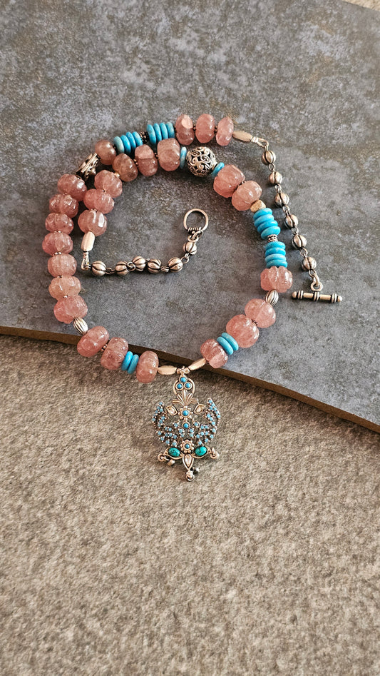 Peach Strawberry Quartz & Turquoise Peacock Pendant Necklace (92.5 Silver)
