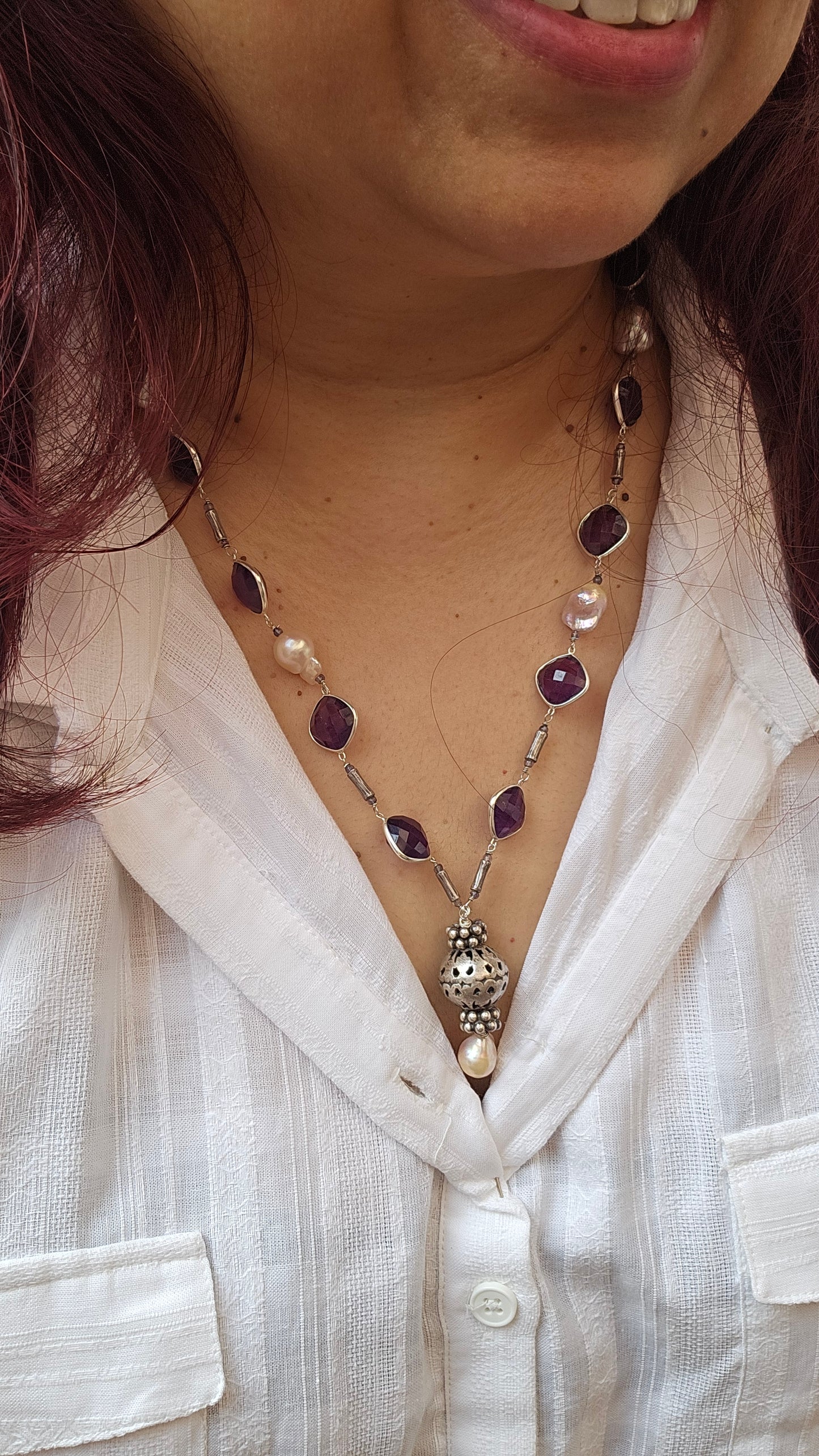 Silver Amethyst, Baroque pearls necklace