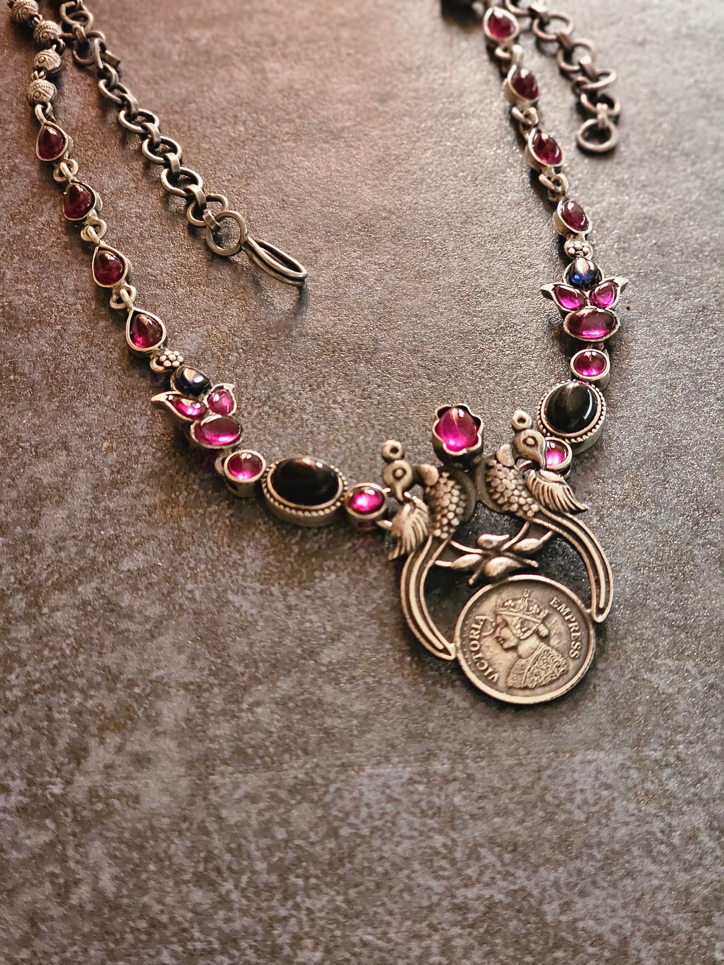 Blue and Pink kempu silver 92.5 necklace