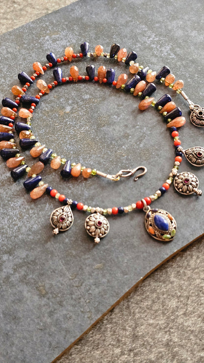 Labrodrite, Sunstone Kolhapur Saaz motifs necklace
