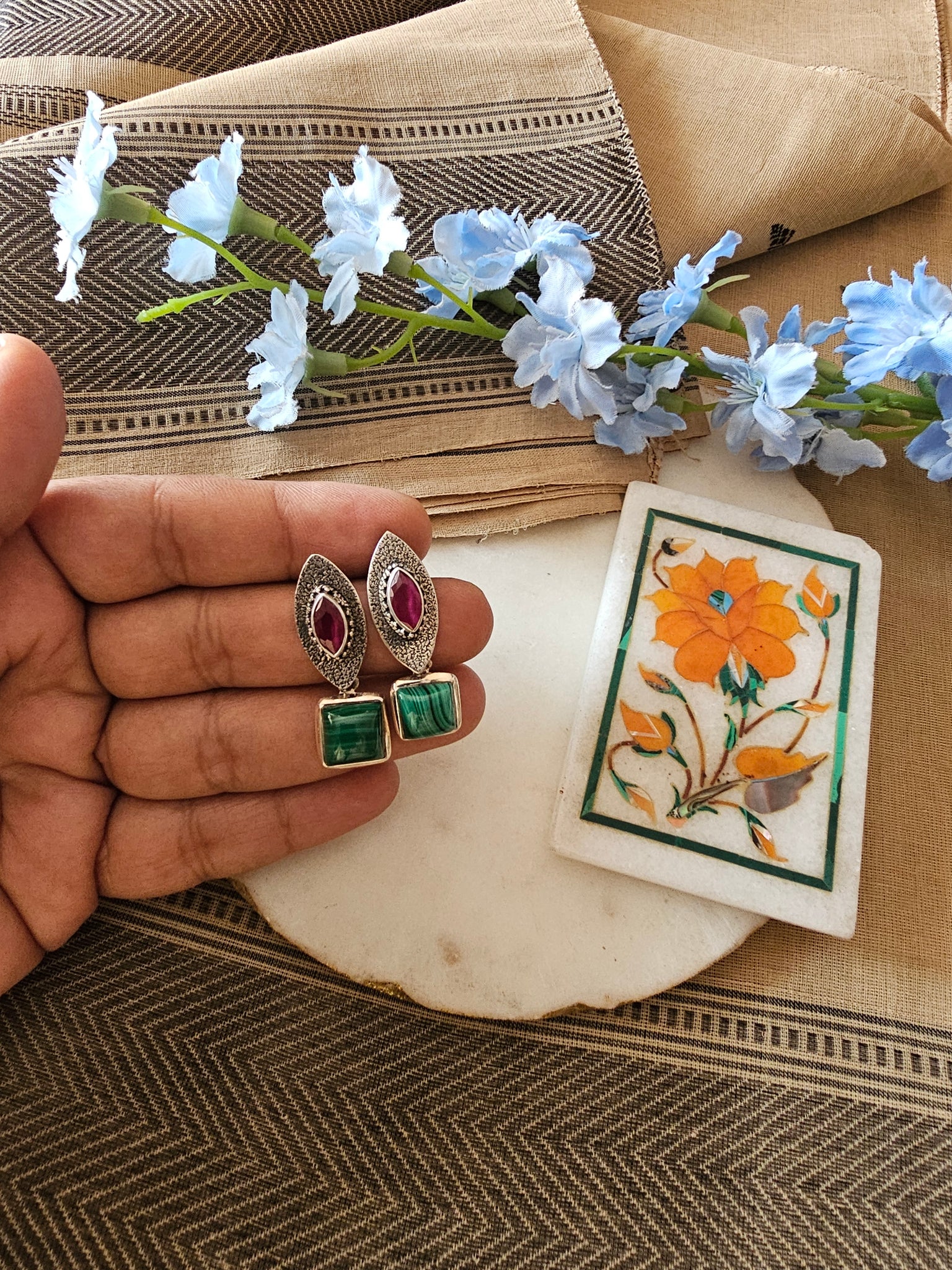 Silver 92.5 malachite danglers