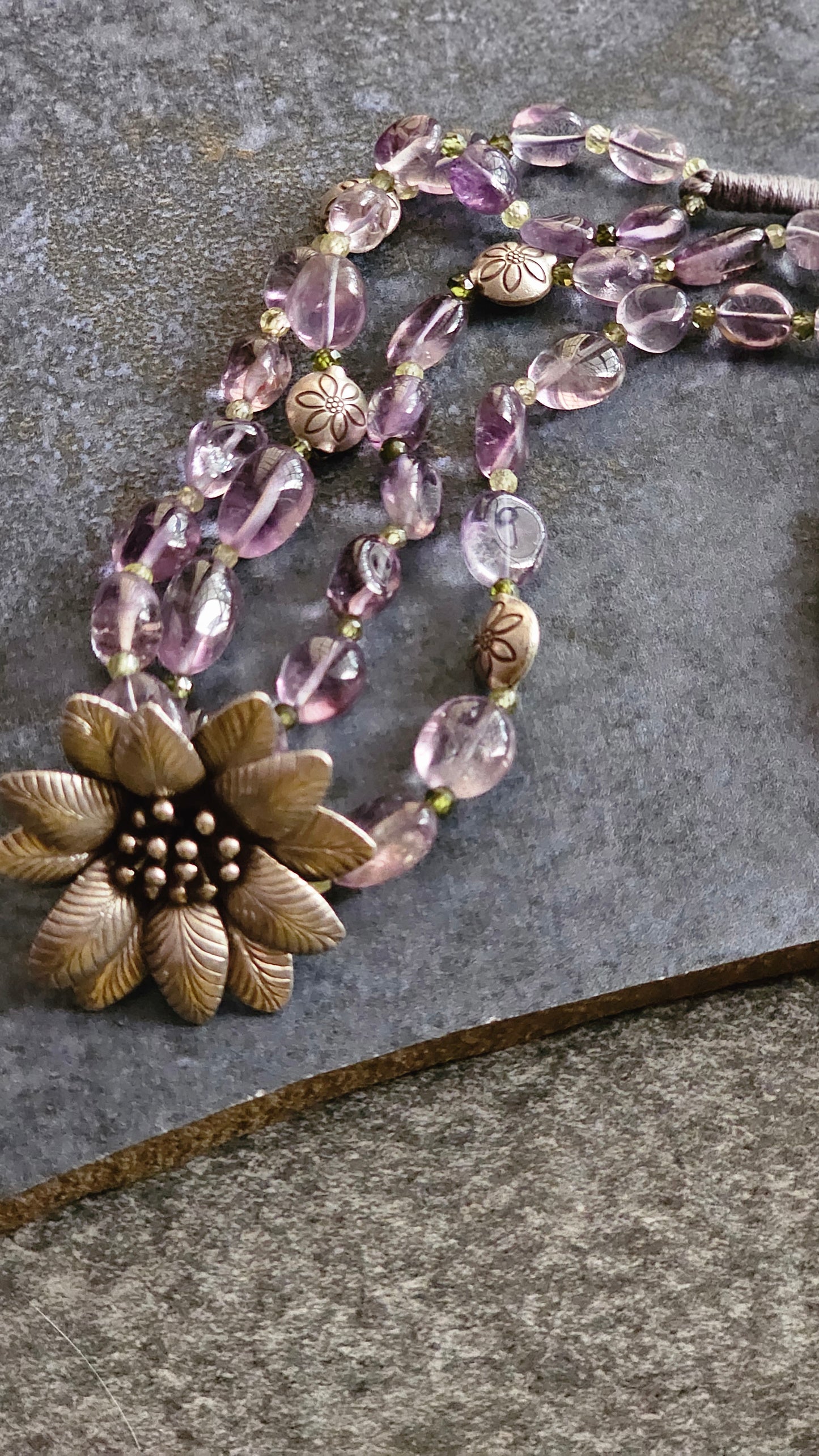 Amethyst choker hill tribe silver flower pendant