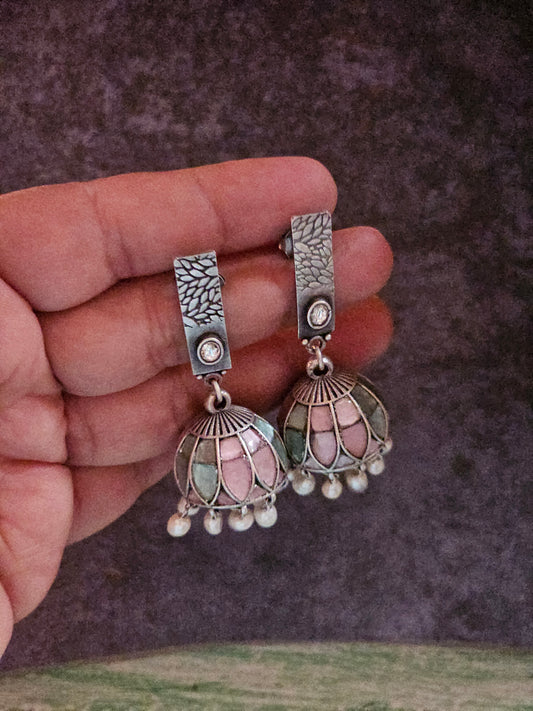 Pink and Turquoise enamel jhumkis