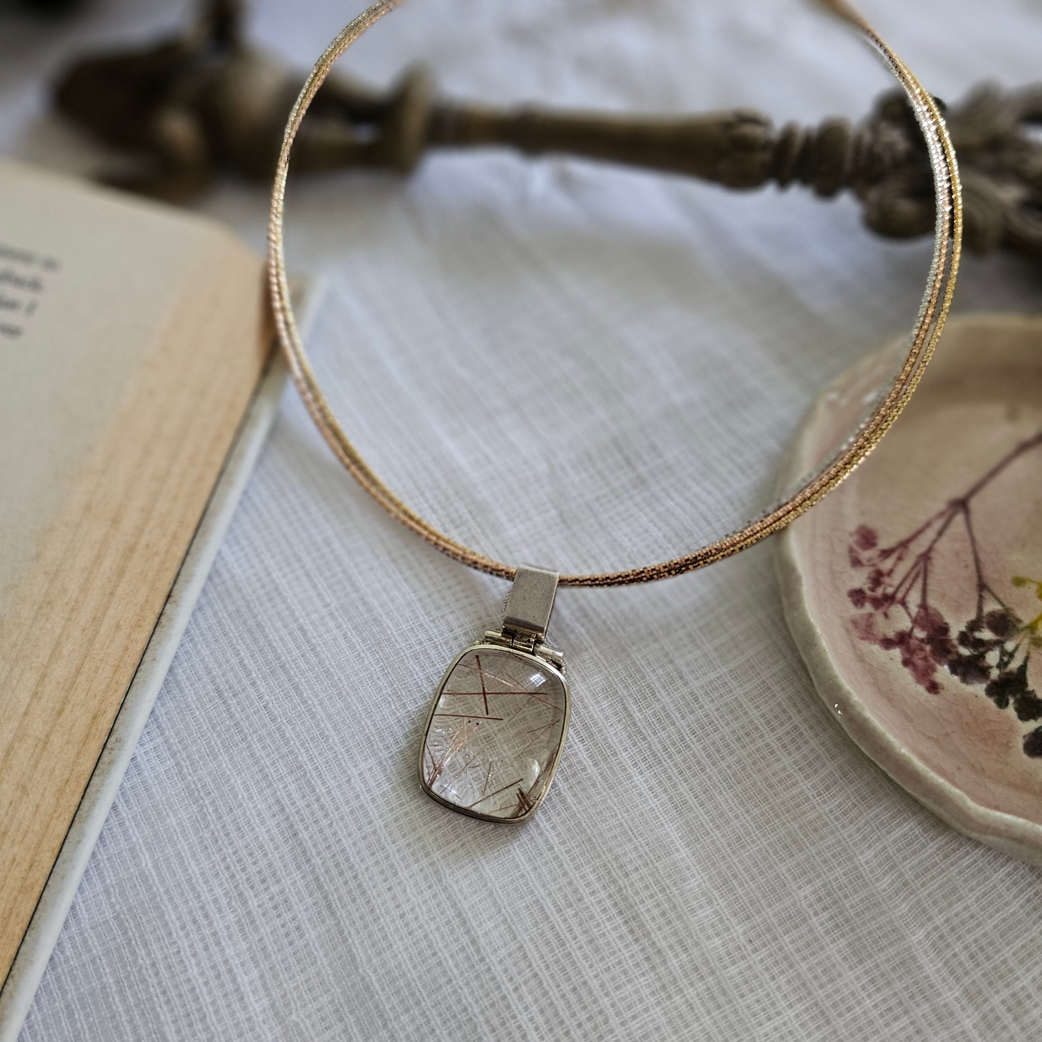 Silver 92.5 Rutile quartz pendant with Italian bunch chain